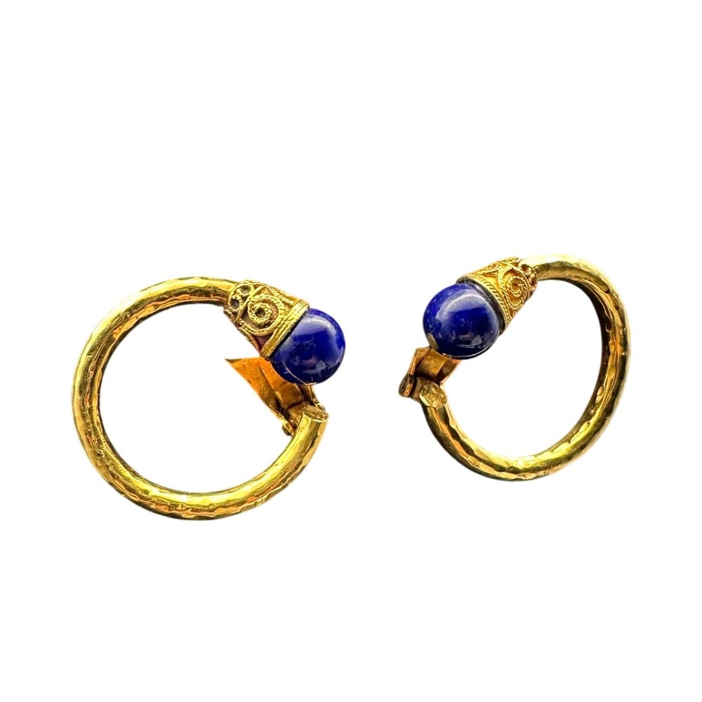 Vintage Etruscan Revival 18K 750 Gold Lapis Lazuli Blue Hoop Earrings Ornate - Picture 3 of 10